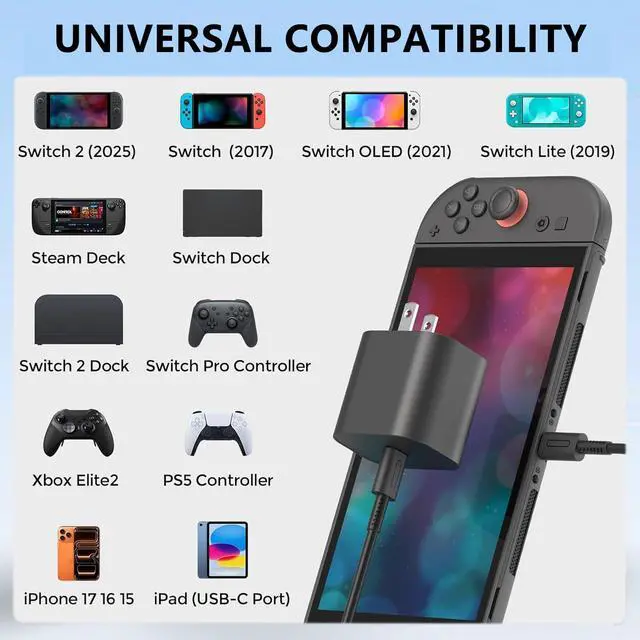 Alt view image 3 of 7 - Switch 2 Charger, 20V 3A 60W AC Adapter with 5ft USB C Cable