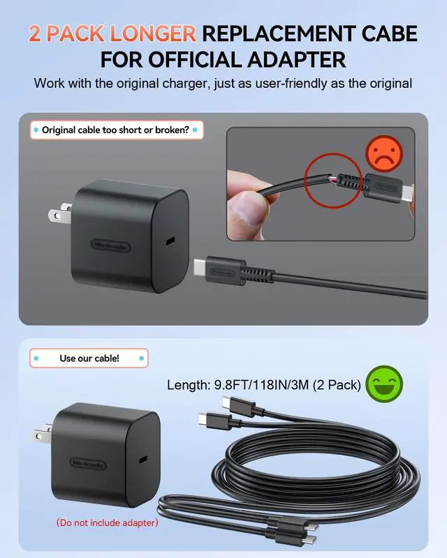 Alt view image 2 of 7 - 2 Pack (9.8FT) Switch 2 Charging Cable, Extra Long Power Cord for Nintendo