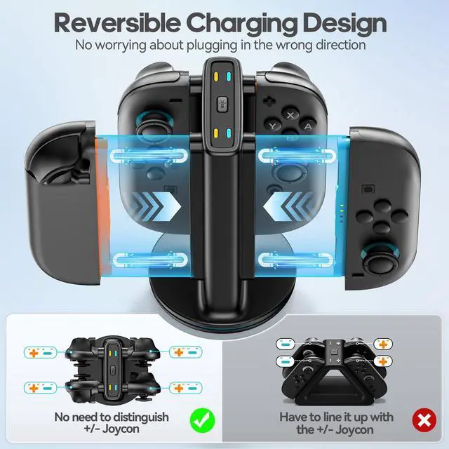 Alt view image 2 of 7 - Switch 2 Joycon Charger with 9 RGBs, Switch 2 Controller Charger with Magnetic & Bi-Directional Design, 4 in 1 Joycon 2 Charging Dock Station Stand with Cable for Sega Genesis Console