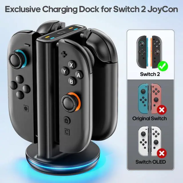 Alt view image 3 of 7 - Switch 2 Joycon Charger with 9 RGBs, Switch 2 Controller Charger with Magnetic & Bi-Directional Design, 4 in 1 Joycon 2 Charging Dock Station Stand with Cable for Sega Genesis Console