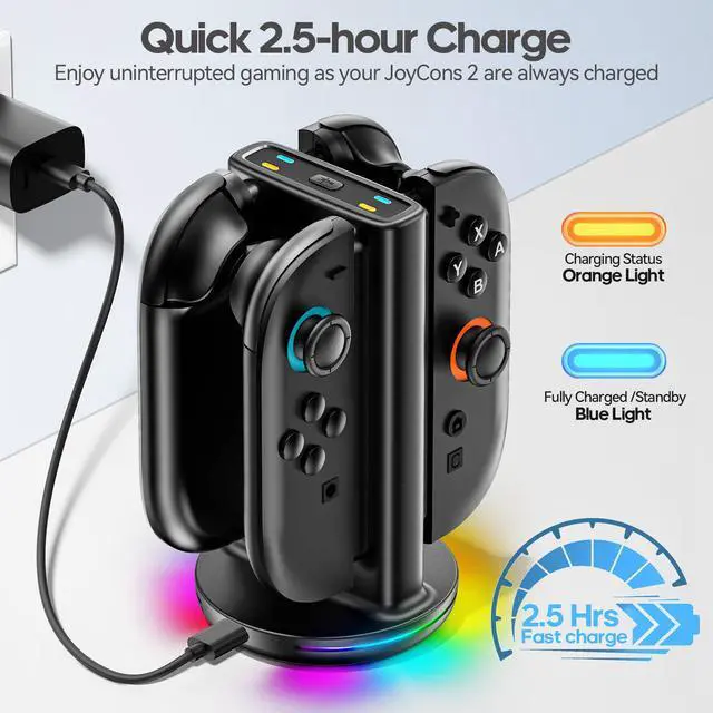 Alt view image 4 of 7 - Switch 2 Joycon Charger with 9 RGBs, Switch 2 Controller Charger with Magnetic & Bi-Directional Design, 4 in 1 Joycon 2 Charging Dock Station Stand with Cable for Sega Genesis Console