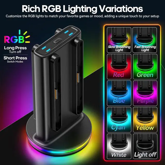 Alt view image 5 of 7 - Switch 2 Joycon Charger with 9 RGBs, Switch 2 Controller Charger with Magnetic & Bi-Directional Design, 4 in 1 Joycon 2 Charging Dock Station Stand with Cable for Sega Genesis Console