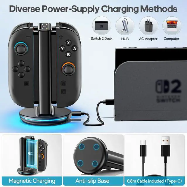 Alt view image 6 of 7 - Switch 2 Joycon Charger with 9 RGBs, Switch 2 Controller Charger with Magnetic & Bi-Directional Design, 4 in 1 Joycon 2 Charging Dock Station Stand with Cable for Sega Genesis Console