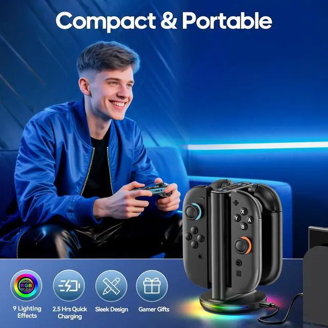 Alt view image 7 of 7 - Switch 2 Joycon Charger with 9 RGBs, Switch 2 Controller Charger with Magnetic & Bi-Directional Design, 4 in 1 Joycon 2 Charging Dock Station Stand with Cable for Sega Genesis Console