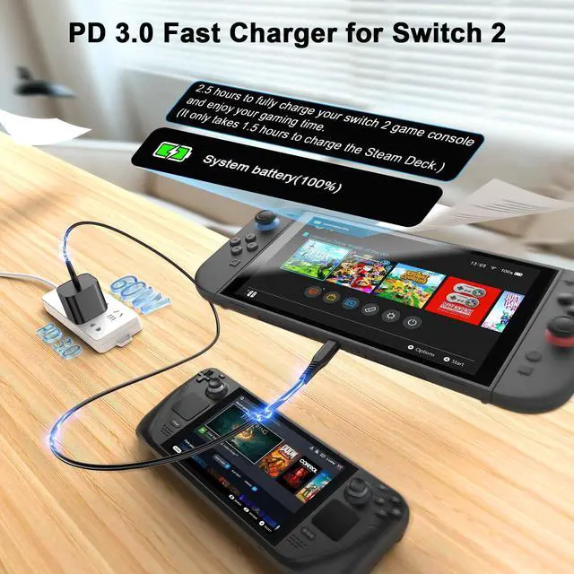 Alt view image 2 of 7 - Switch 2 Charger 60W PD 3.0 Fast Charging for Nintendo Switch 2, Steam Deck, Asus Rog Ally with 5FT USB C to C Cable Power Supply Ac Adapter for Lenovo, Dell, Samsung Laptops, Smart Phone, Tablet
