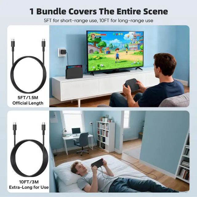 Alt view image 2 of 7 - (2 Pack) Switch 2 Charger with 5FT+10FT USB-C Cable Bundle, 60W PD 3.0 Fast