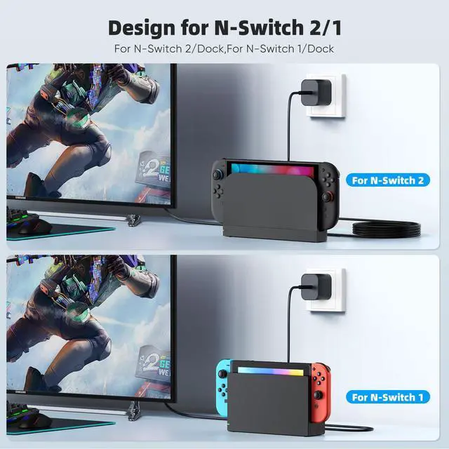 Alt view image 4 of 7 - (2 Pack) Switch 2 Charger with 5FT+10FT USB-C Cable Bundle, 60W PD 3.0 Fast