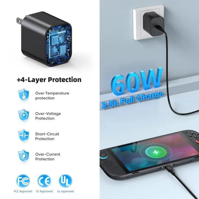 Alt view image 5 of 7 - (2 Pack) Switch 2 Charger with 5FT+10FT USB-C Cable Bundle, 60W PD 3.0 Fast