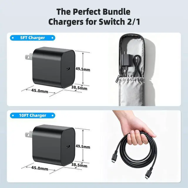 Alt view image 7 of 7 - (2 Pack) Switch 2 Charger with 5FT+10FT USB-C Cable Bundle, 60W PD 3.0 Fast