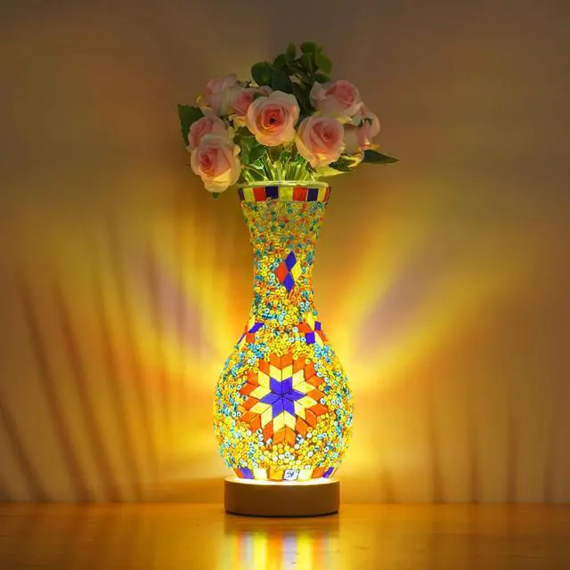 Main image of Mosaic Vase Lamp, Turkish Table Lamp with Wood Base, USB LED