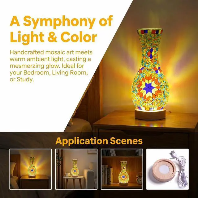 Alt view image 3 of 7 - Mosaic Vase Lamp, Turkish Table Lamp with Wood Base, USB LED