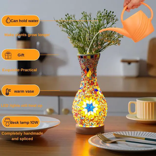 Alt view image 2 of 7 - Mosaic Vase Lamp, Turkish Table Lamp with Wood Base, USB LED