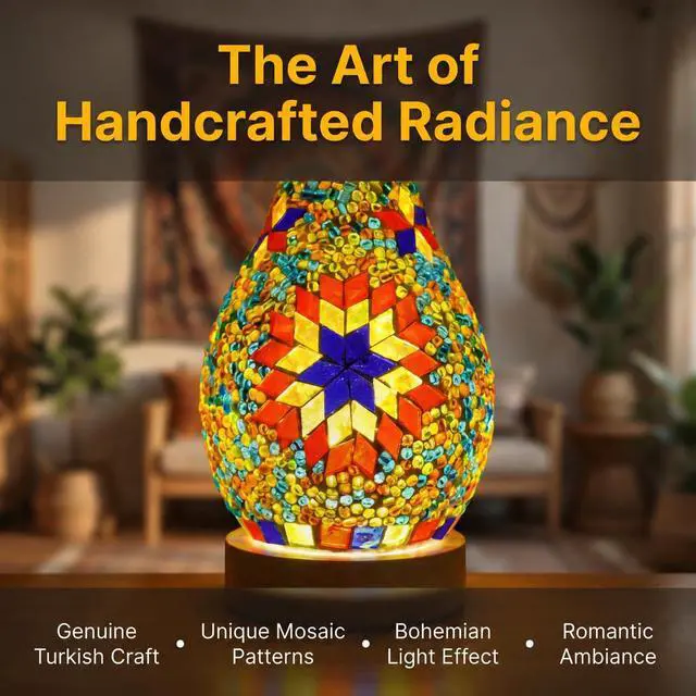 Alt view image 4 of 7 - Mosaic Vase Lamp, Turkish Table Lamp with Wood Base, USB LED