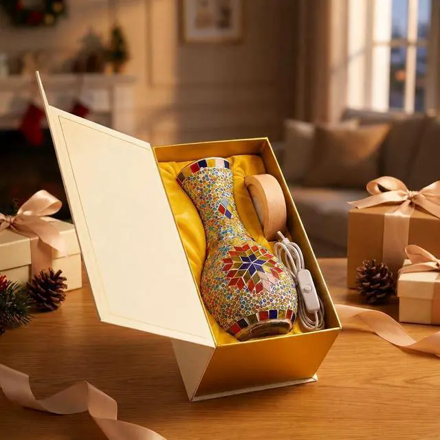 Alt view image 5 of 7 - Mosaic Vase Lamp, Turkish Table Lamp with Wood Base, USB LED