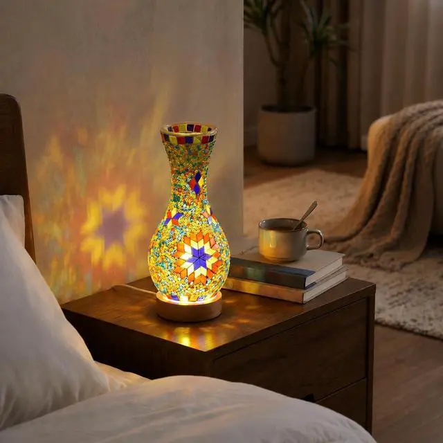 Alt view image 6 of 7 - Mosaic Vase Lamp, Turkish Table Lamp with Wood Base, USB LED