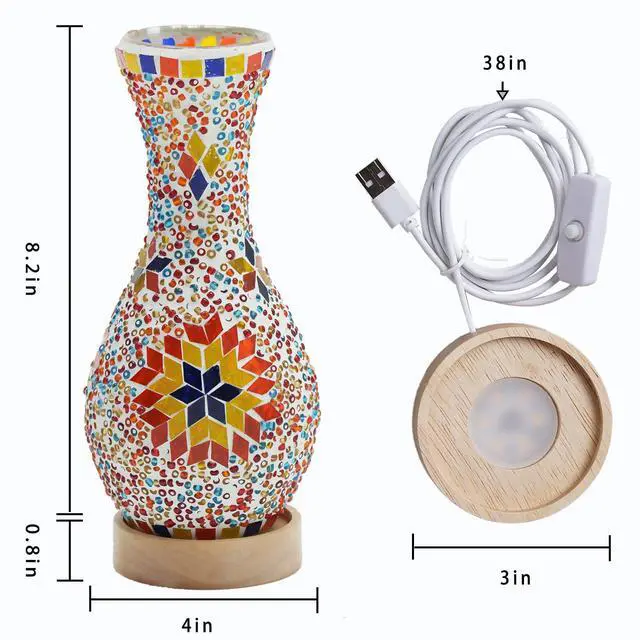 Alt view image 7 of 7 - Mosaic Vase Lamp, Turkish Table Lamp with Wood Base, USB LED
