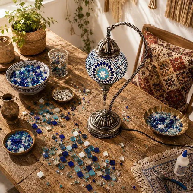 Alt view image 2 of 7 - Turkish Mosaic Swan Neck Lamp Making Kit| DIY Colorful Glass Decorative Nightstand Table Light| Craft Kit |Make Your Own Lamp | Living Room Bedroom | Antique Bronze Base (Blue)