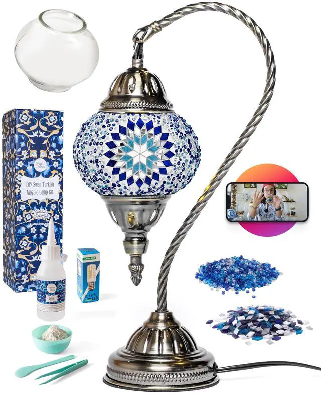 Main image of Turkish Mosaic Swan Neck Lamp Making Kit| DIY Colorful Glass Decorative Nightstand Table Light| Craft Kit |Make Your Own Lamp | Living Room Bedroom | Antique Bronze Base (Blue)
