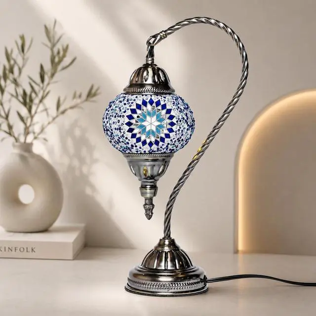 Alt view image 6 of 7 - Turkish Mosaic Swan Neck Lamp Making Kit| DIY Colorful Glass Decorative Nightstand Table Light| Craft Kit |Make Your Own Lamp | Living Room Bedroom | Antique Bronze Base (Blue)