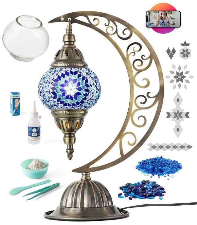 Main image of Turkish Mosaic Moon Lamp Making Kit | DIY Colorful Glass Decorative Table Desk Light | Craft Kit For Adults | Make Your Own Lamp | Living Room Bedroom | Mosaic Pieces, Beads, US-Plug (Blue)