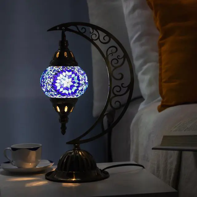 Alt view image 7 of 7 - Turkish Mosaic Moon Lamp Making Kit | DIY Colorful Glass Decorative Table Desk Light | Craft Kit For Adults | Make Your Own Lamp | Living Room Bedroom | Mosaic Pieces, Beads, US-Plug (Blue)