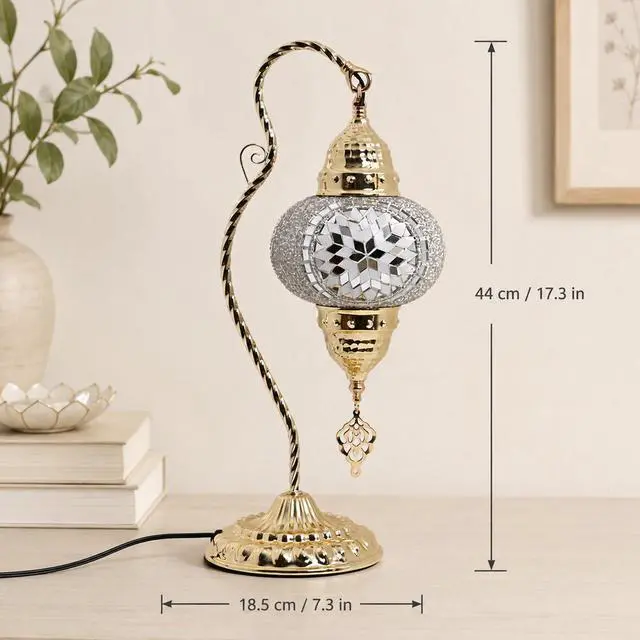 Alt view image 2 of 7 - Turkish Mosaic Table Lamp, Moroccan Style Swan Neck Bedside Lamp with Handmade Glass Shade, LED Bulb Included, Warm Ambient Decorative Accent Lamp for Bedroom, Living Room, Nightstand (White)
