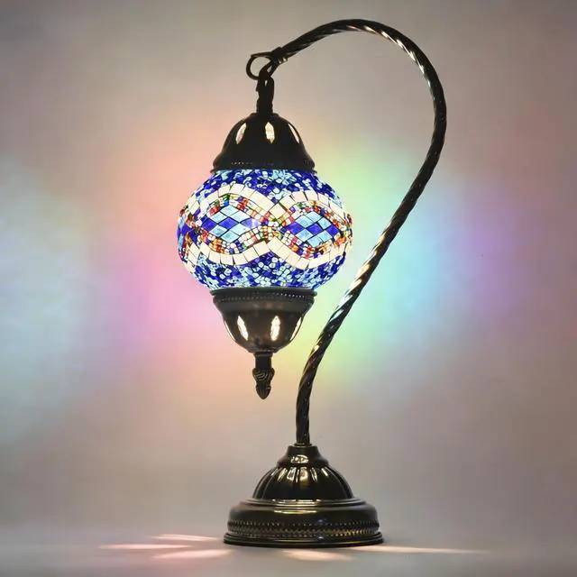 Main image of Vintage Turkish Lamp Stained Glass Table Lamp, Handmade Turkish Moroccan Mosaic Lamp with Bronze Swan Neck Base, LED Bulb Included, Bedside Decor for Bedroom