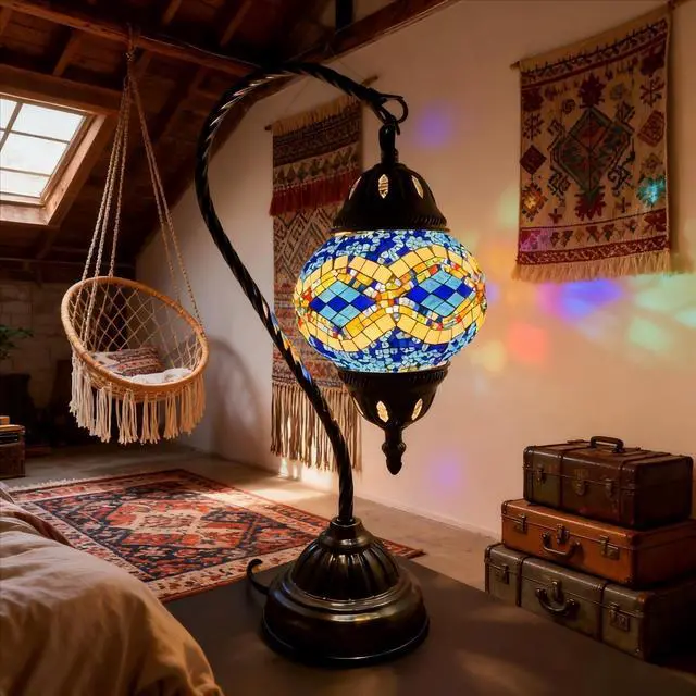 Alt view image 3 of 7 - Vintage Turkish Lamp Stained Glass Table Lamp, Handmade Turkish Moroccan Mosaic Lamp with Bronze Swan Neck Base, LED Bulb Included, Bedside Decor for Bedroom
