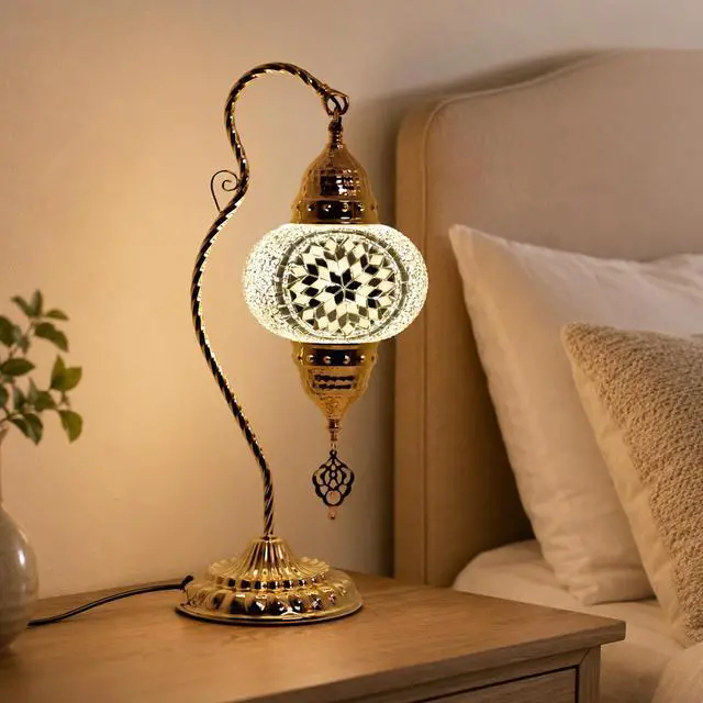 Alt view image 5 of 7 - Turkish Mosaic Table Lamp, Moroccan Style Swan Neck Bedside Lamp with Handmade Glass Shade, LED Bulb Included, Warm Ambient Decorative Accent Lamp for Bedroom, Living Room, Nightstand (White)