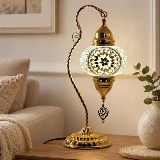 Alt view image 4 of 7 - Turkish Mosaic Table Lamp, Moroccan Style Swan Neck Bedside Lamp with Handmade Glass Shade, LED Bulb Included, Warm Ambient Decorative Accent Lamp for Bedroom, Living Room, Nightstand (White)