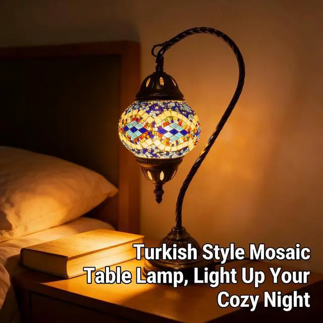 Alt view image 5 of 7 - Vintage Turkish Lamp Stained Glass Table Lamp, Handmade Turkish Moroccan Mosaic Lamp with Bronze Swan Neck Base, LED Bulb Included, Bedside Decor for Bedroom