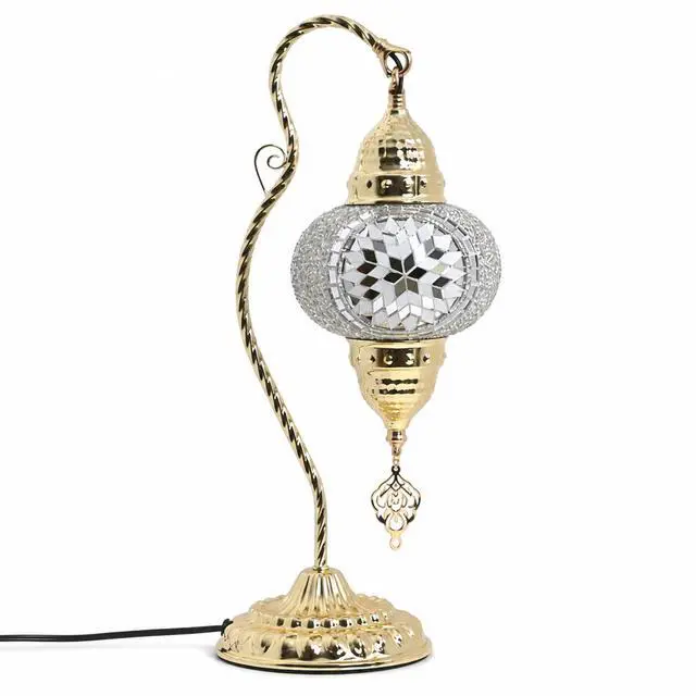 Alt view image 7 of 7 - Turkish Mosaic Table Lamp, Moroccan Style Swan Neck Bedside Lamp with Handmade Glass Shade, LED Bulb Included, Warm Ambient Decorative Accent Lamp for Bedroom, Living Room, Nightstand (White)