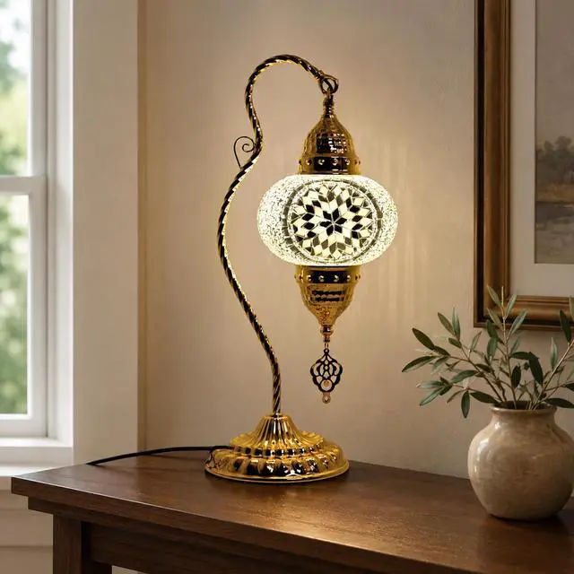 Alt view image 6 of 7 - Turkish Mosaic Table Lamp, Moroccan Style Swan Neck Bedside Lamp with Handmade Glass Shade, LED Bulb Included, Warm Ambient Decorative Accent Lamp for Bedroom, Living Room, Nightstand (White)