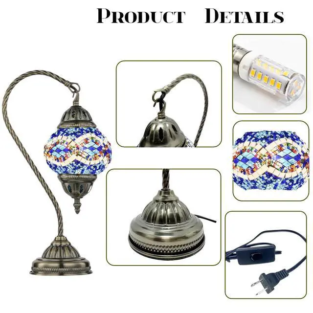 Alt view image 4 of 7 - Vintage Turkish Lamp Stained Glass Table Lamp, Handmade Turkish Moroccan Mosaic Lamp with Bronze Swan Neck Base, LED Bulb Included, Bedside Decor for Bedroom