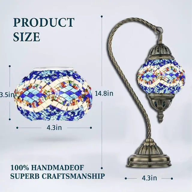Alt view image 2 of 7 - Vintage Turkish Lamp Stained Glass Table Lamp, Handmade Turkish Moroccan Mosaic Lamp with Bronze Swan Neck Base, LED Bulb Included, Bedside Decor for Bedroom