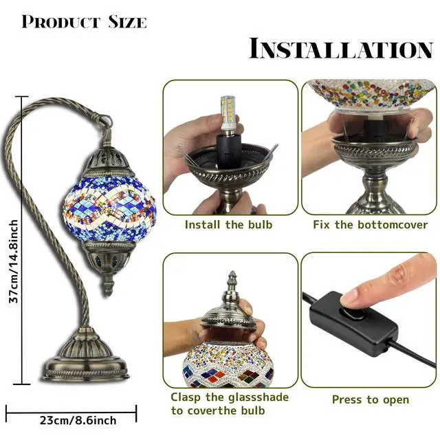 Alt view image 6 of 7 - Vintage Turkish Lamp Stained Glass Table Lamp, Handmade Turkish Moroccan Mosaic Lamp with Bronze Swan Neck Base, LED Bulb Included, Bedside Decor for Bedroom