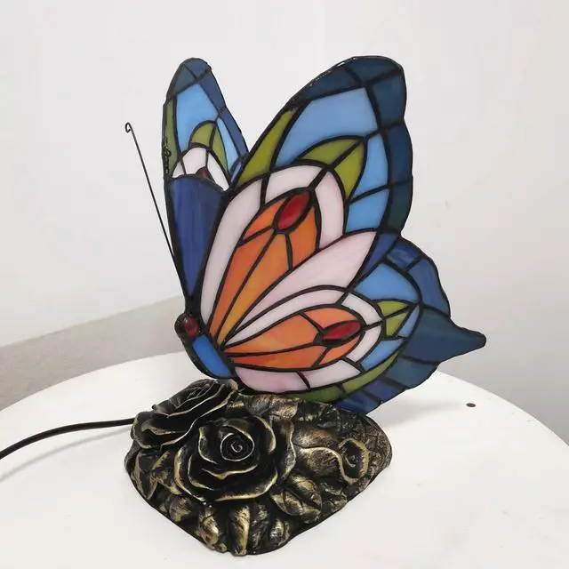 Alt view image 2 of 7 - L10040 Butterfly Tiffany Style Stained Glass Accent Table Lamp, Night Light (Multi-Colored C)