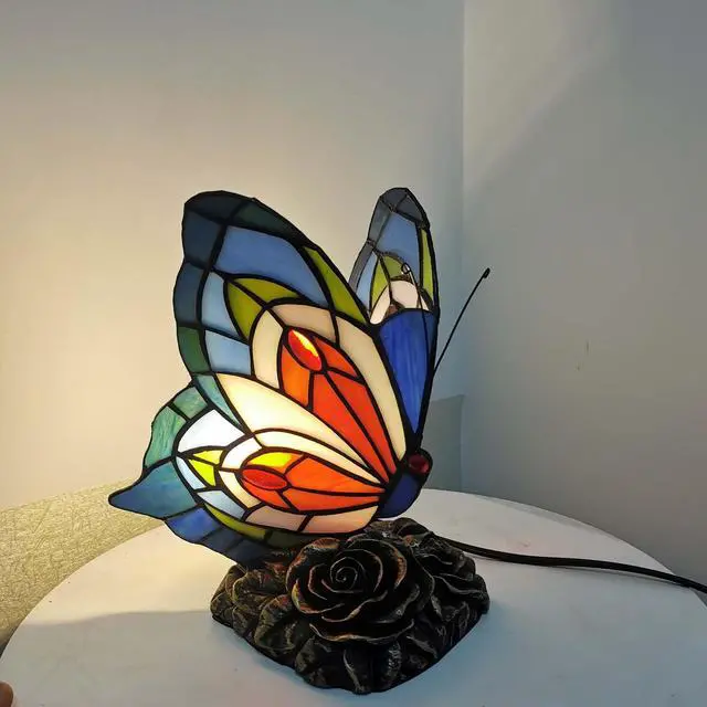 Alt view image 3 of 7 - L10040 Butterfly Tiffany Style Stained Glass Accent Table Lamp, Night Light (Multi-Colored C)