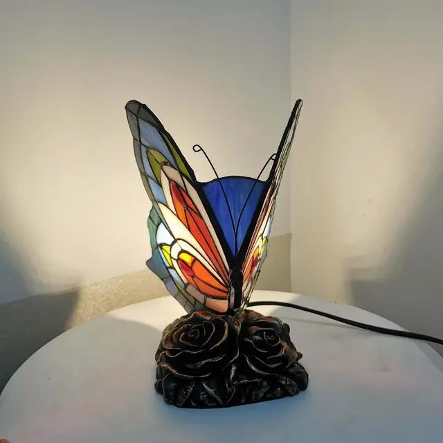 Alt view image 4 of 7 - L10040 Butterfly Tiffany Style Stained Glass Accent Table Lamp, Night Light (Multi-Colored C)