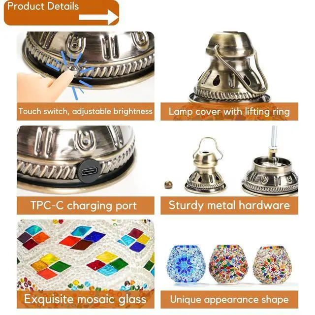 Alt view image 3 of 6 - Turkish Mosaic Table Lamp, Handmade Stained Glass Desk Lamp, USB Rechargeable Touch Night Light, 3 Brightness Levels, 1800mAh Cordless Lamp for Bedroom Decor