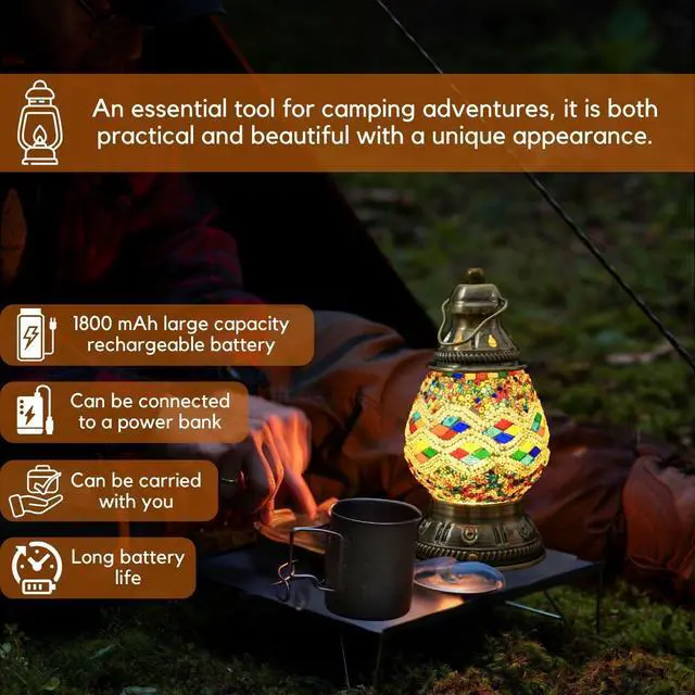 Alt view image 4 of 6 - Turkish Mosaic Table Lamp, Handmade Stained Glass Desk Lamp, USB Rechargeable Touch Night Light, 3 Brightness Levels, 1800mAh Cordless Lamp for Bedroom Decor