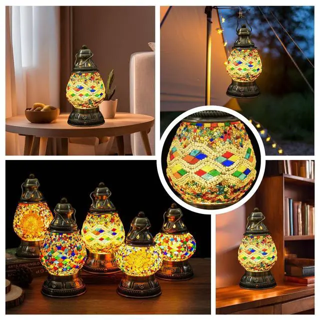 Alt view image 6 of 6 - Turkish Mosaic Table Lamp, Handmade Stained Glass Desk Lamp, USB Rechargeable Touch Night Light, 3 Brightness Levels, 1800mAh Cordless Lamp for Bedroom Decor