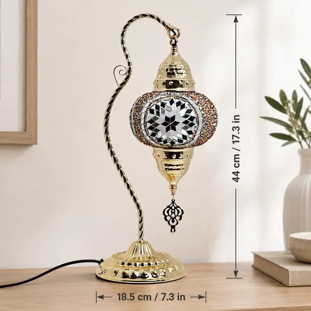 Alt view image 2 of 7 - Turkish Mosaic Table Lamp, Moroccan Style Swan Neck Bedside Lamp with Handmade Glass Shade, LED Bulb Included, Warm Ambient Decorative Accent Lamp for Bedroom, Living Room, Nightstand (Brown)