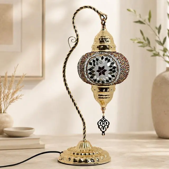 Alt view image 4 of 7 - Turkish Mosaic Table Lamp, Moroccan Style Swan Neck Bedside Lamp with Handmade Glass Shade, LED Bulb Included, Warm Ambient Decorative Accent Lamp for Bedroom, Living Room, Nightstand (Brown)