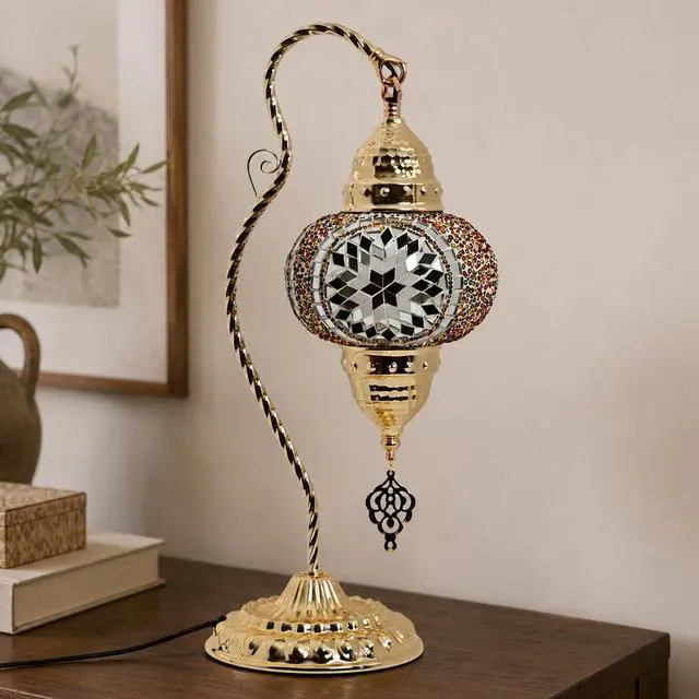 Alt view image 5 of 7 - Turkish Mosaic Table Lamp, Moroccan Style Swan Neck Bedside Lamp with Handmade Glass Shade, LED Bulb Included, Warm Ambient Decorative Accent Lamp for Bedroom, Living Room, Nightstand (Brown)