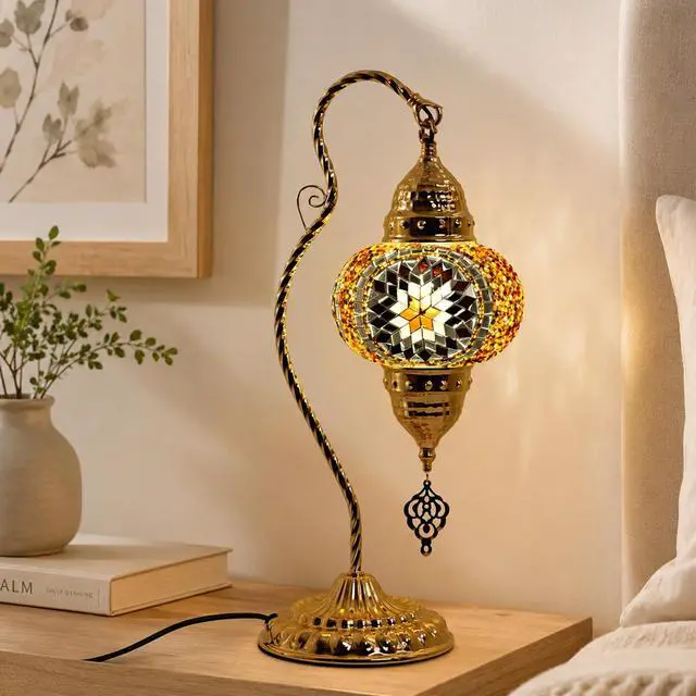 Alt view image 6 of 7 - Turkish Mosaic Table Lamp, Moroccan Style Swan Neck Bedside Lamp with Handmade Glass Shade, LED Bulb Included, Warm Ambient Decorative Accent Lamp for Bedroom, Living Room, Nightstand (Brown)