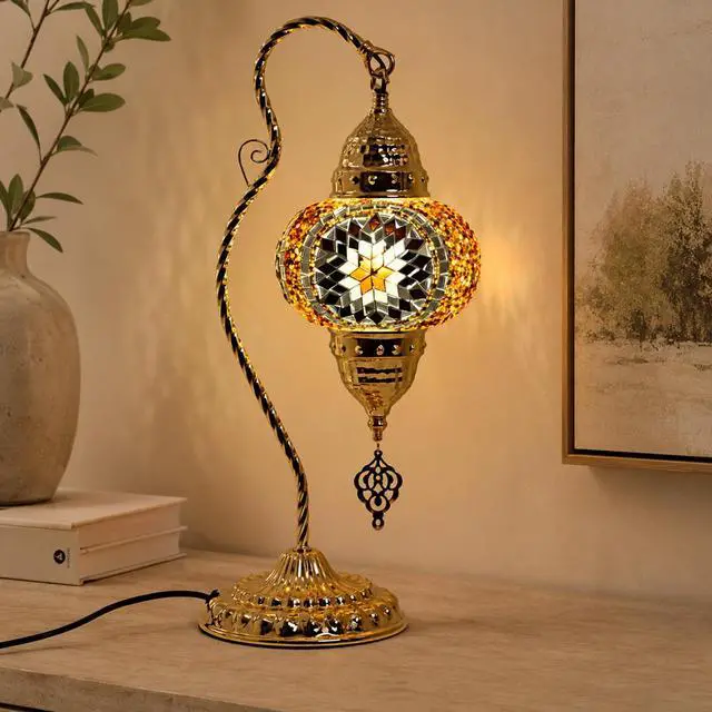 Alt view image 7 of 7 - Turkish Mosaic Table Lamp, Moroccan Style Swan Neck Bedside Lamp with Handmade Glass Shade, LED Bulb Included, Warm Ambient Decorative Accent Lamp for Bedroom, Living Room, Nightstand (Brown)