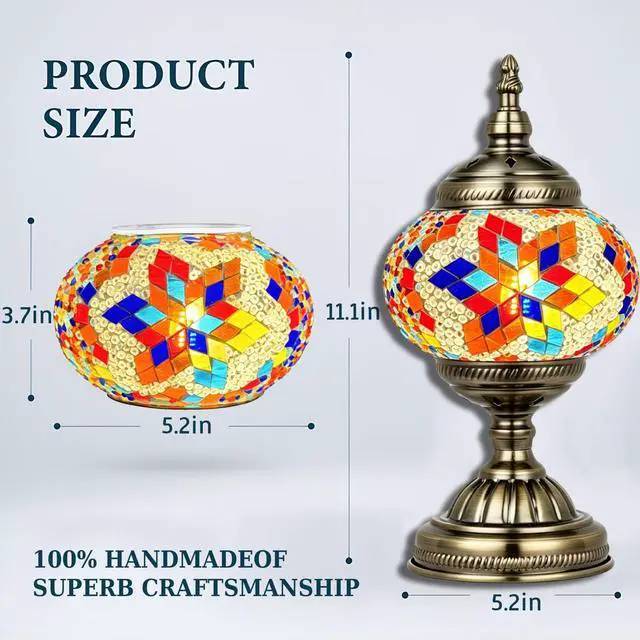 Alt view image 2 of 7 - Turkish Moroccan Table Lamp Tiffany Style Mosaic Table Lamp Glass Bedside Lamps for Bedroom Living Room Handmade Stained Glass Lamp Vintage with Bronze Base Included LED Bulb