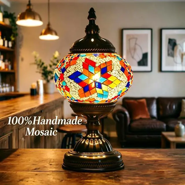 Alt view image 3 of 7 - Turkish Moroccan Table Lamp Tiffany Style Mosaic Table Lamp Glass Bedside Lamps for Bedroom Living Room Handmade Stained Glass Lamp Vintage with Bronze Base Included LED Bulb
