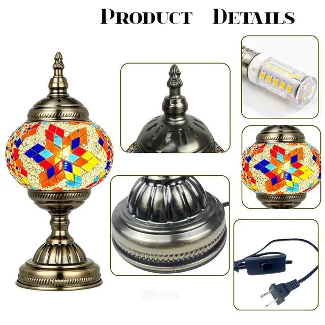 Alt view image 4 of 7 - Turkish Moroccan Table Lamp Tiffany Style Mosaic Table Lamp Glass Bedside Lamps for Bedroom Living Room Handmade Stained Glass Lamp Vintage with Bronze Base Included LED Bulb